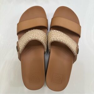 Reef Women’s Cushion Vista Higher Slide Sandals Tan Cream Woven Platform 8.5